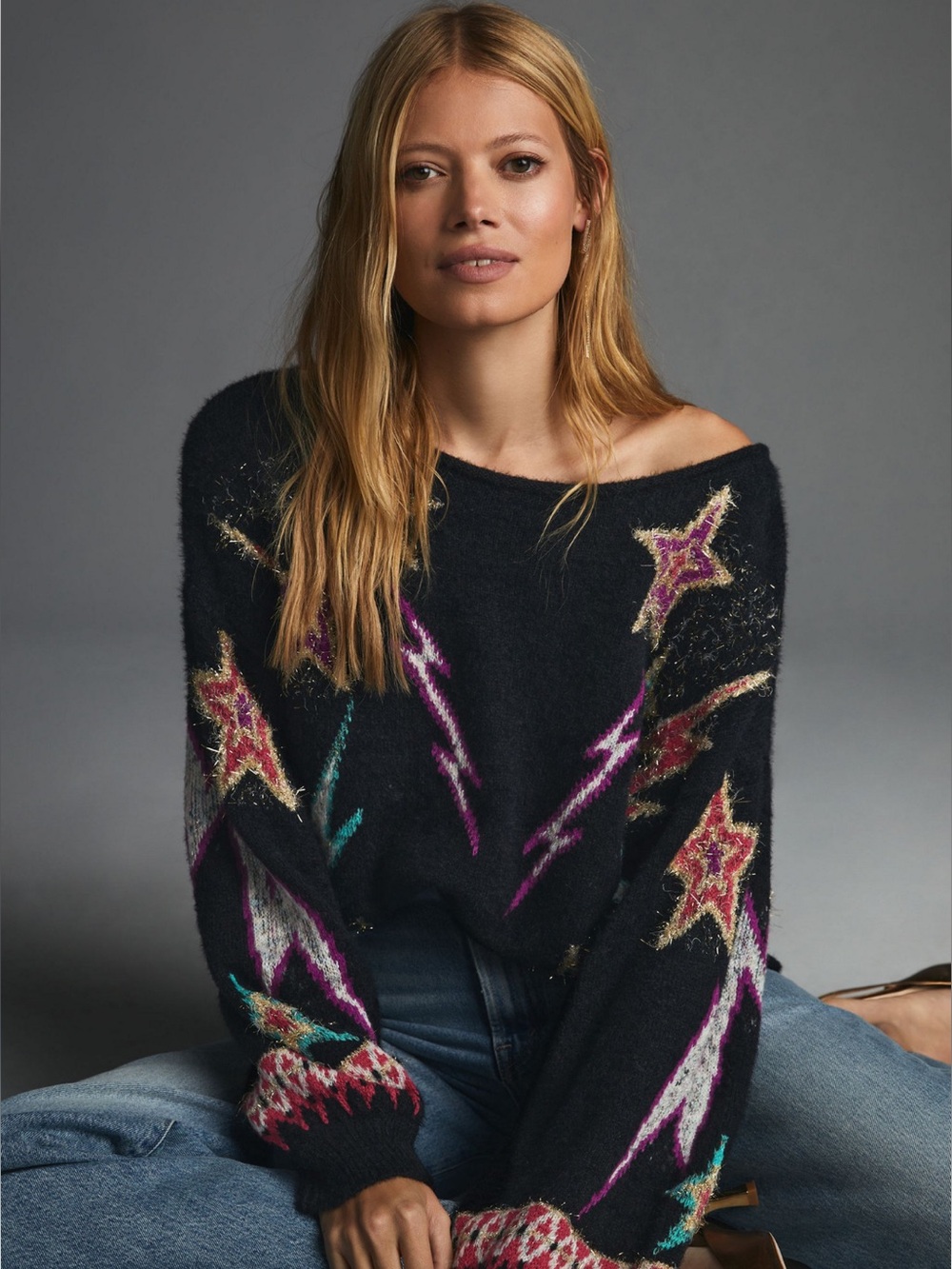 Pilcro Black Sparkle-Star Off-Shoulder Sweater Anthropologie